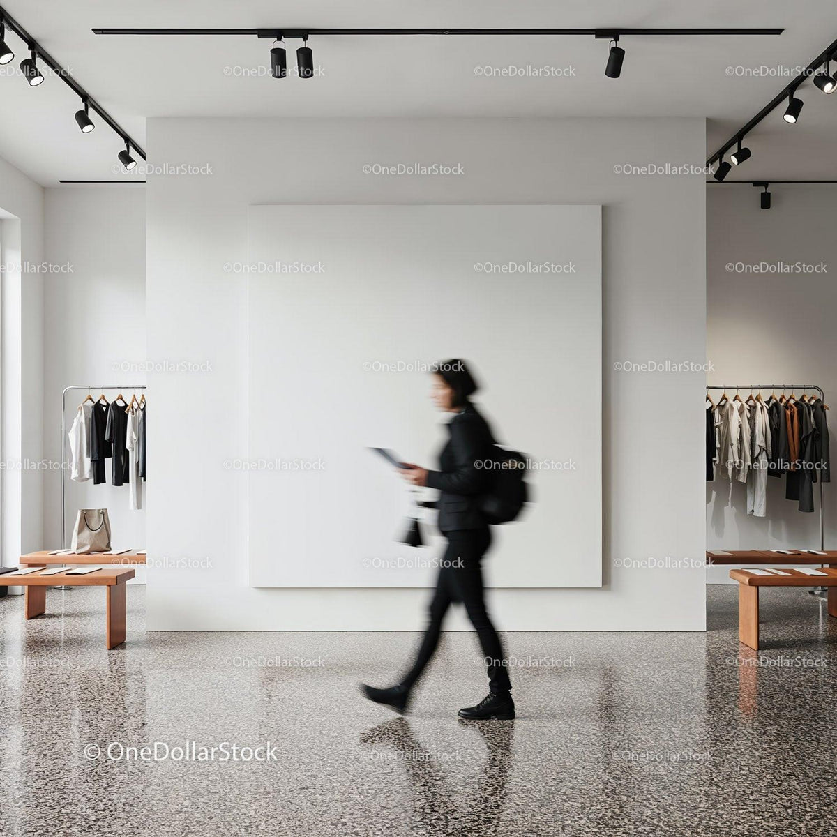 Person walking in modern minimalist clothing store interior JPG Mockup Image preview
