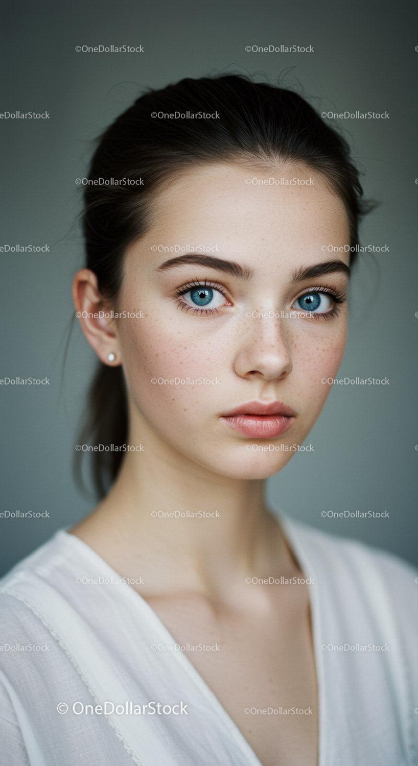 Portrait of a Young Woman with Bright Blue Eyes and Freckled Skin