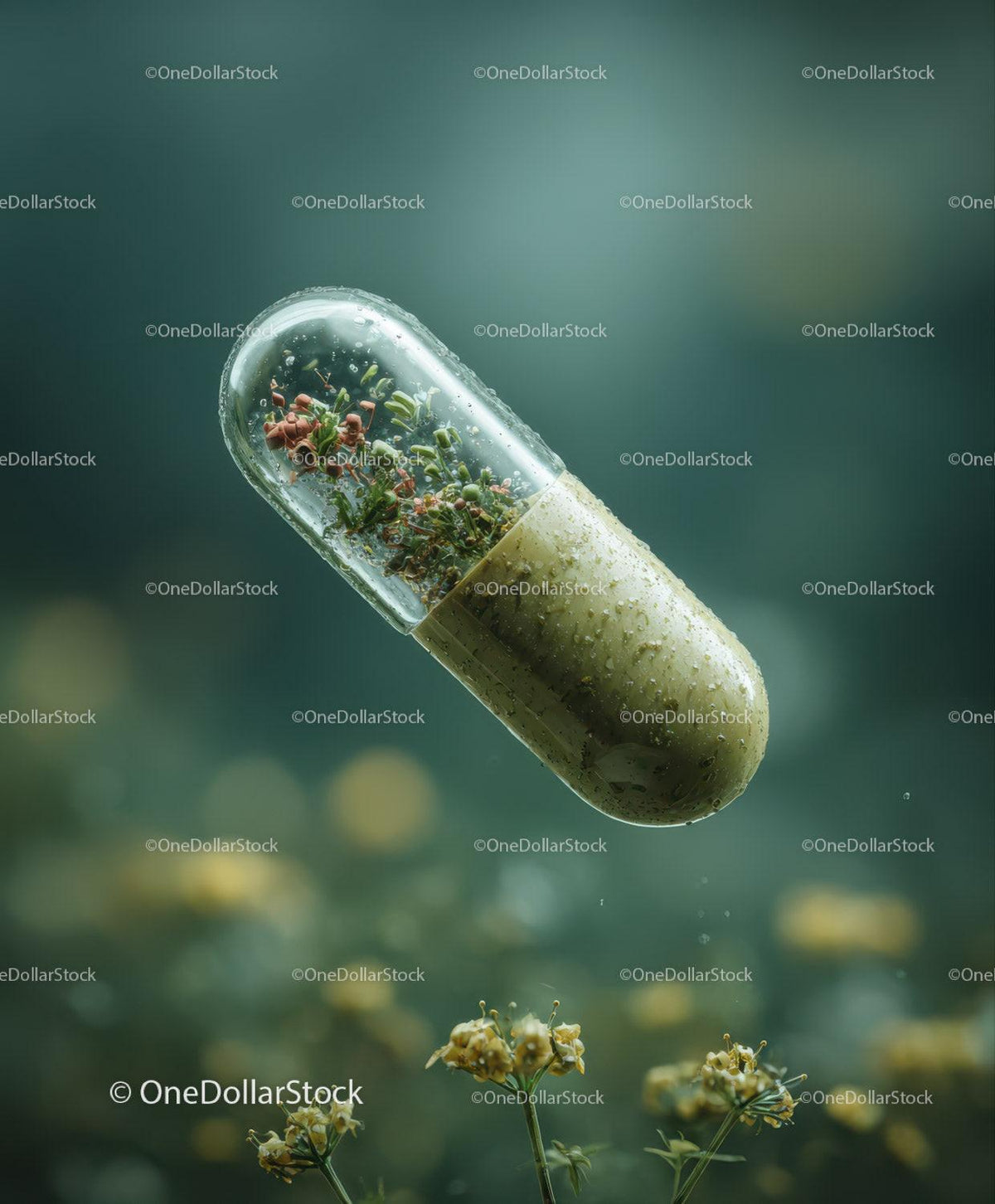Transparent capsule containing small green plants and reddish seeds floating above yellow flowers