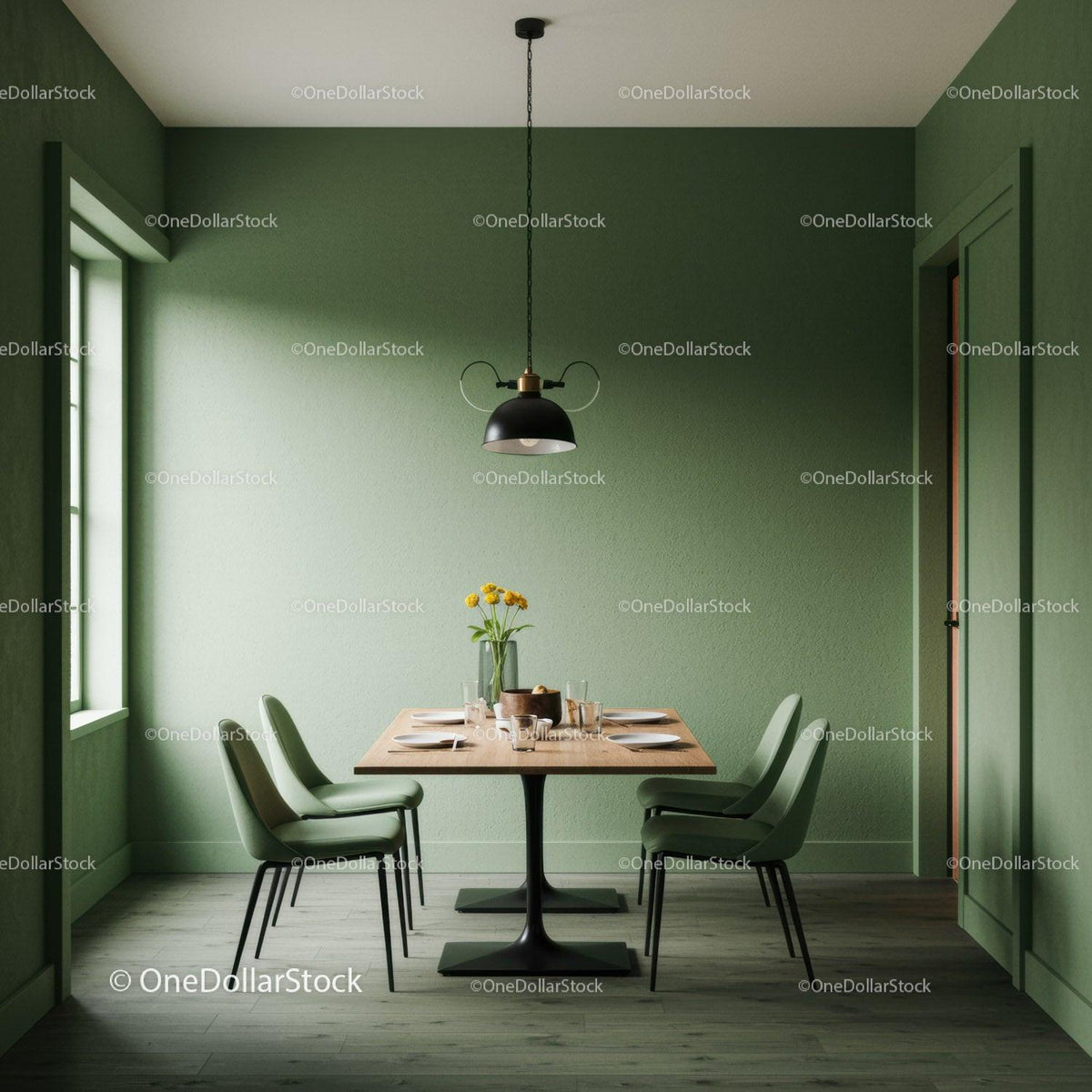 Stylish Green Dining Room with Modern Furniture and Pendant Lighting