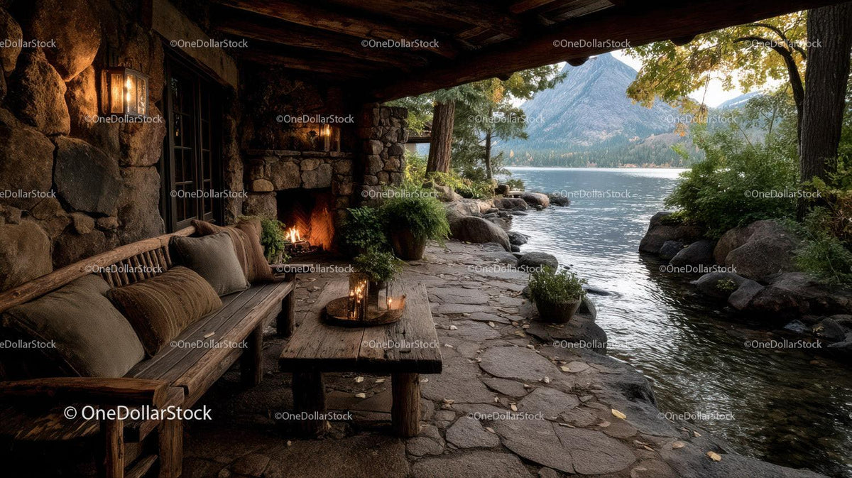 Rustic Riverside Cabin with Stone Fireplace Surrounded by Autumn Foliage Stock Photo Bundle preview 17