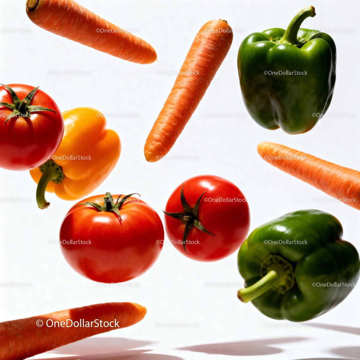 Fresh colorful vegetables floating on white background
