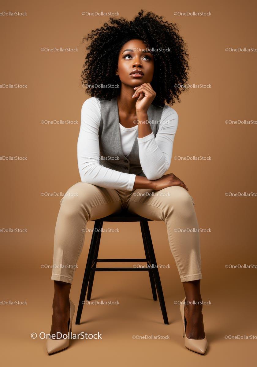 Thoughtful Woman Seated in Elegant Attire Against Brown Background Stock Photo Bundle preview 18