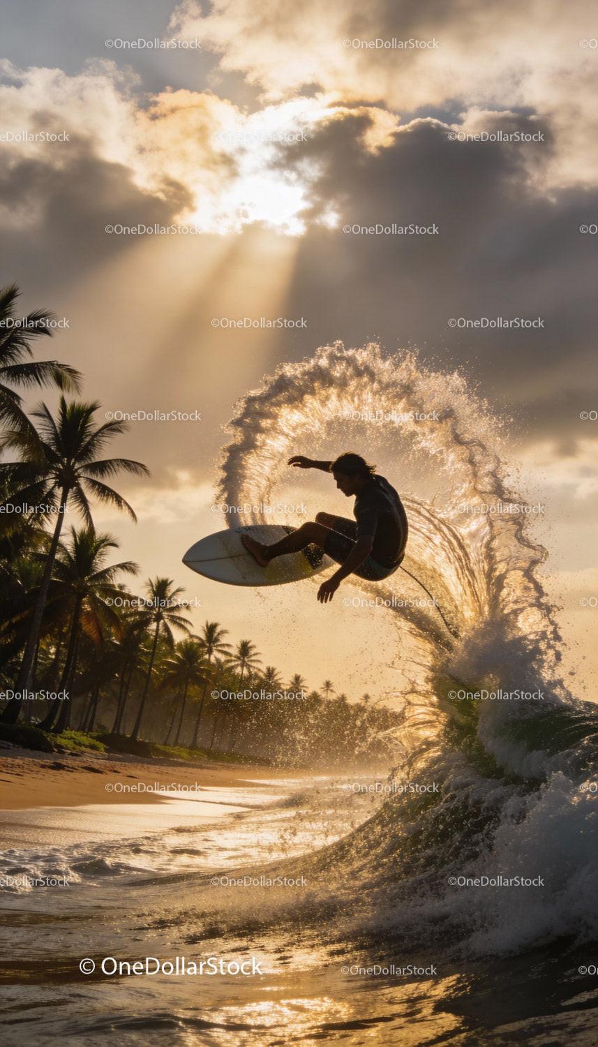 Surfer carving wave with palm trees at sunset