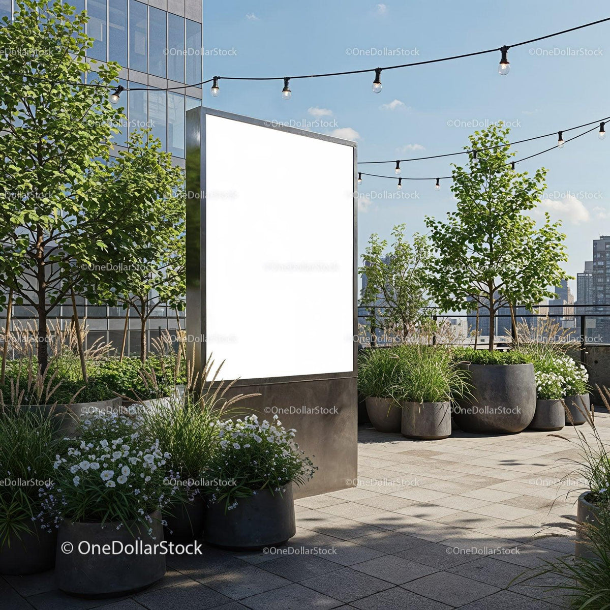 Urban rooftop garden with blank advertising board JPG Mockup Image preview