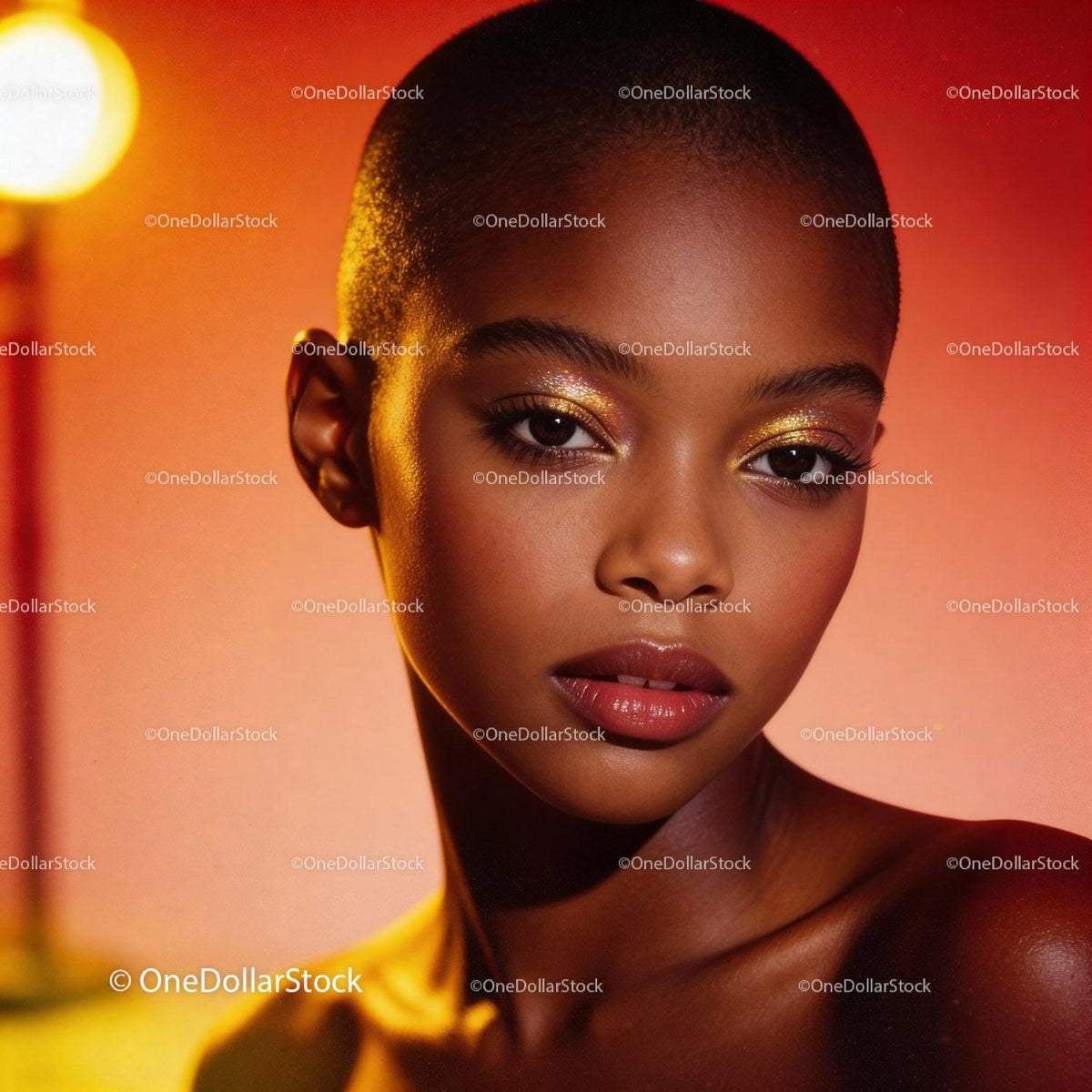 Close-up portrait of woman with glowing golden eye makeup
