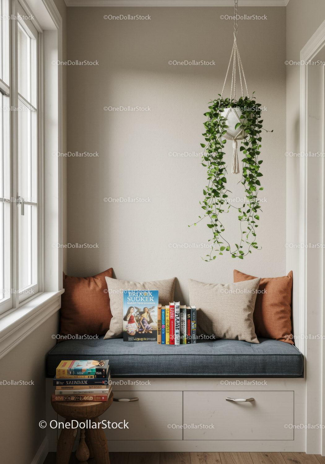 Cozy Windowsill Nook with Hanging Plant and Bookstack in Bright Interior