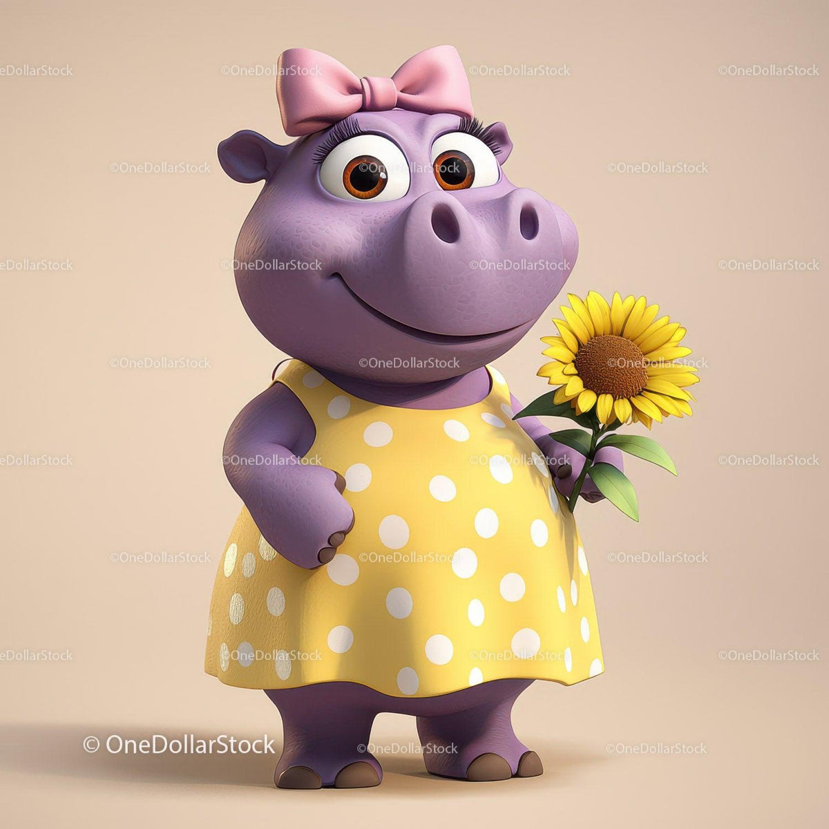 Purple cartoon hippo in yellow polka dot dress holding a sunflower