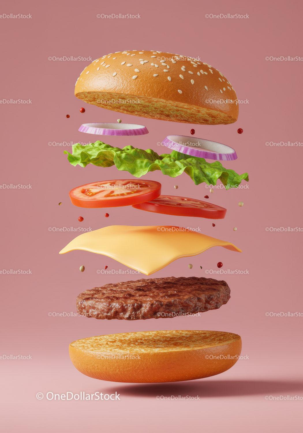 Delicious floating cheeseburger ingredients on pink background