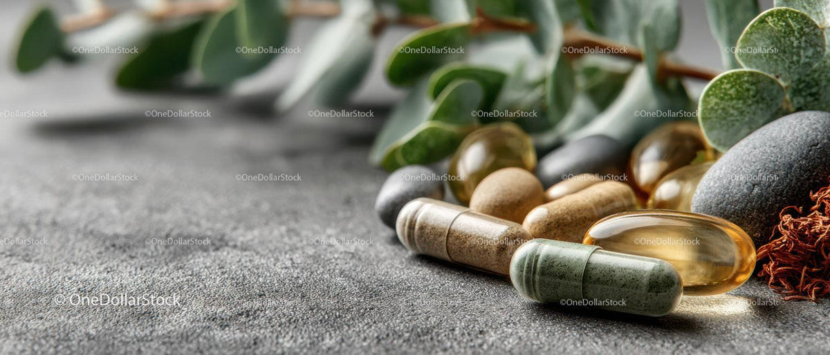 Herbal Supplements and Natural Capsules on Gray Surface with Green Foliage