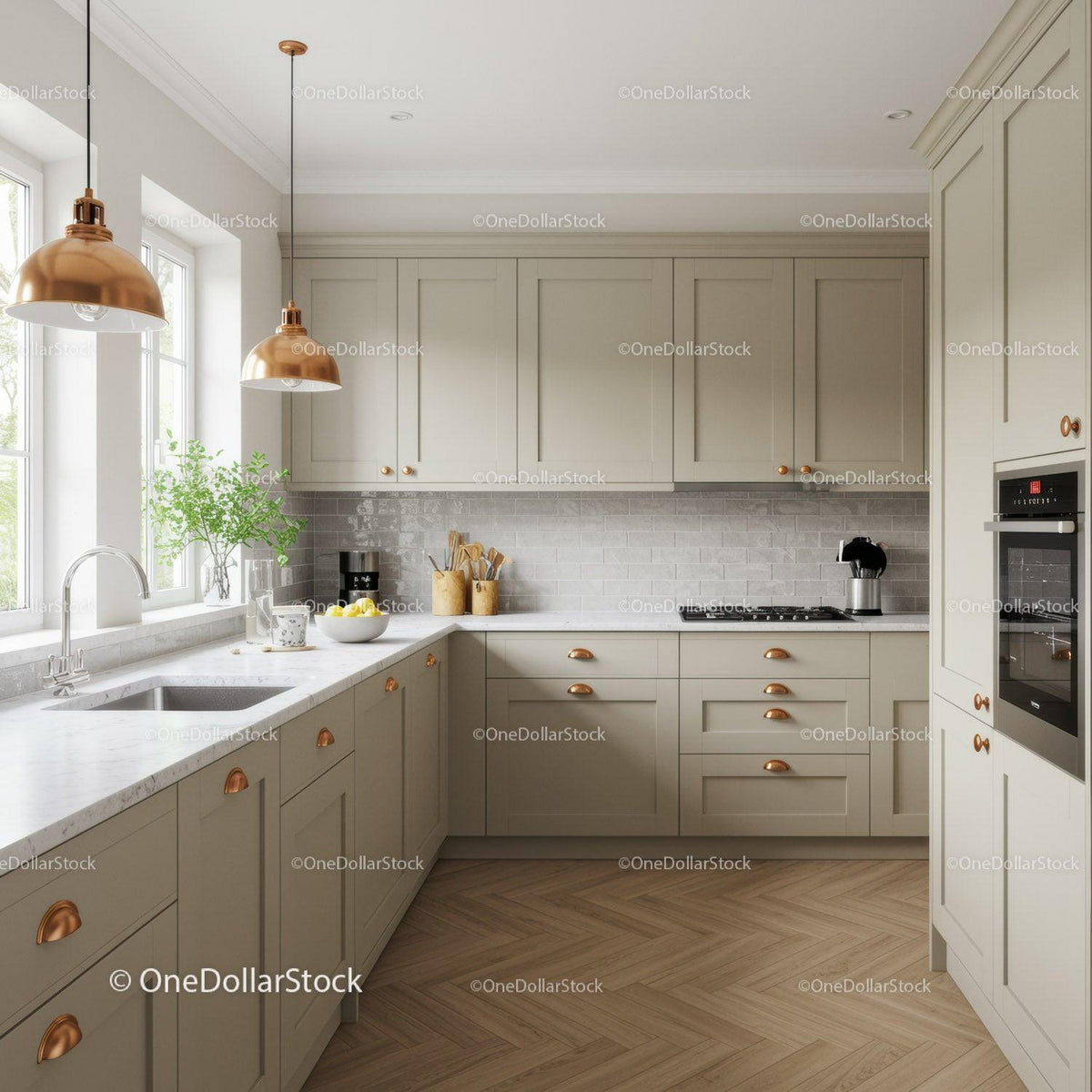 Modern Bright Kitchen with White Cabinets and Copper Accents