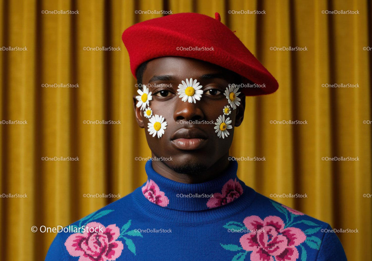 Stylish man wearing red beret with daisies on face