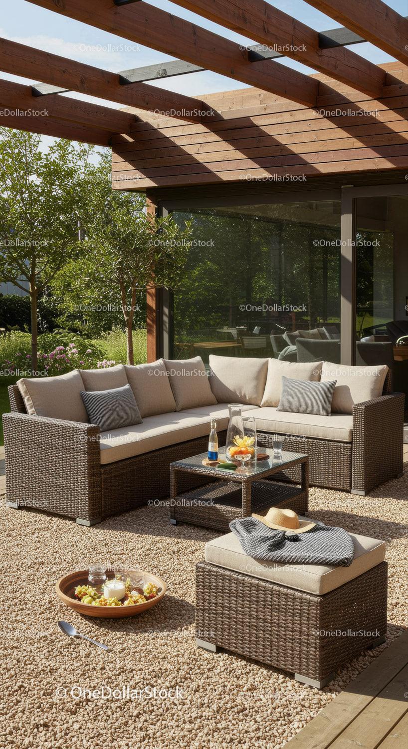 Contemporary Outdoor Lounge Area with Wicker Sofa and Garden Setting