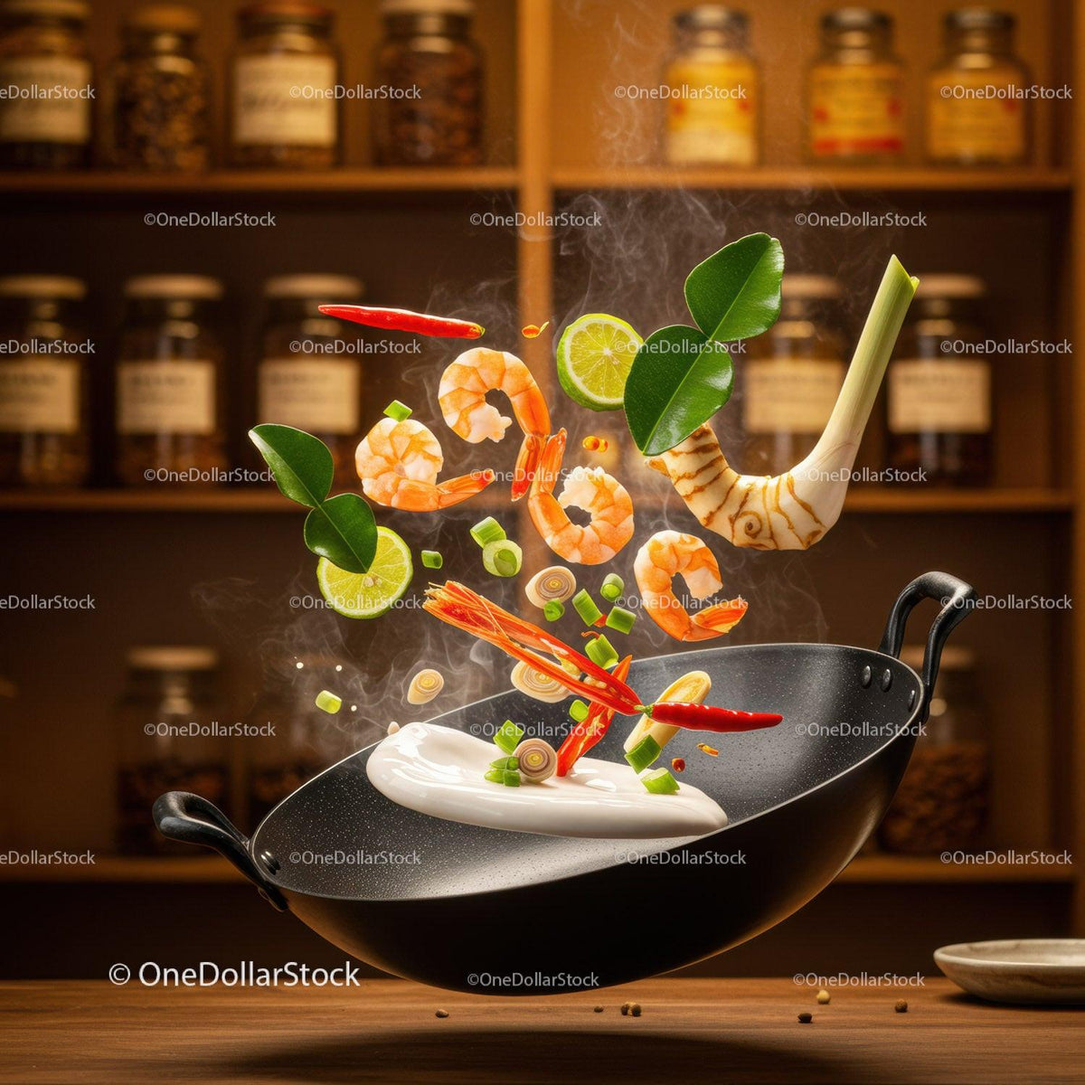 Fresh Thai Ingredients Tossed in Wok with Steam