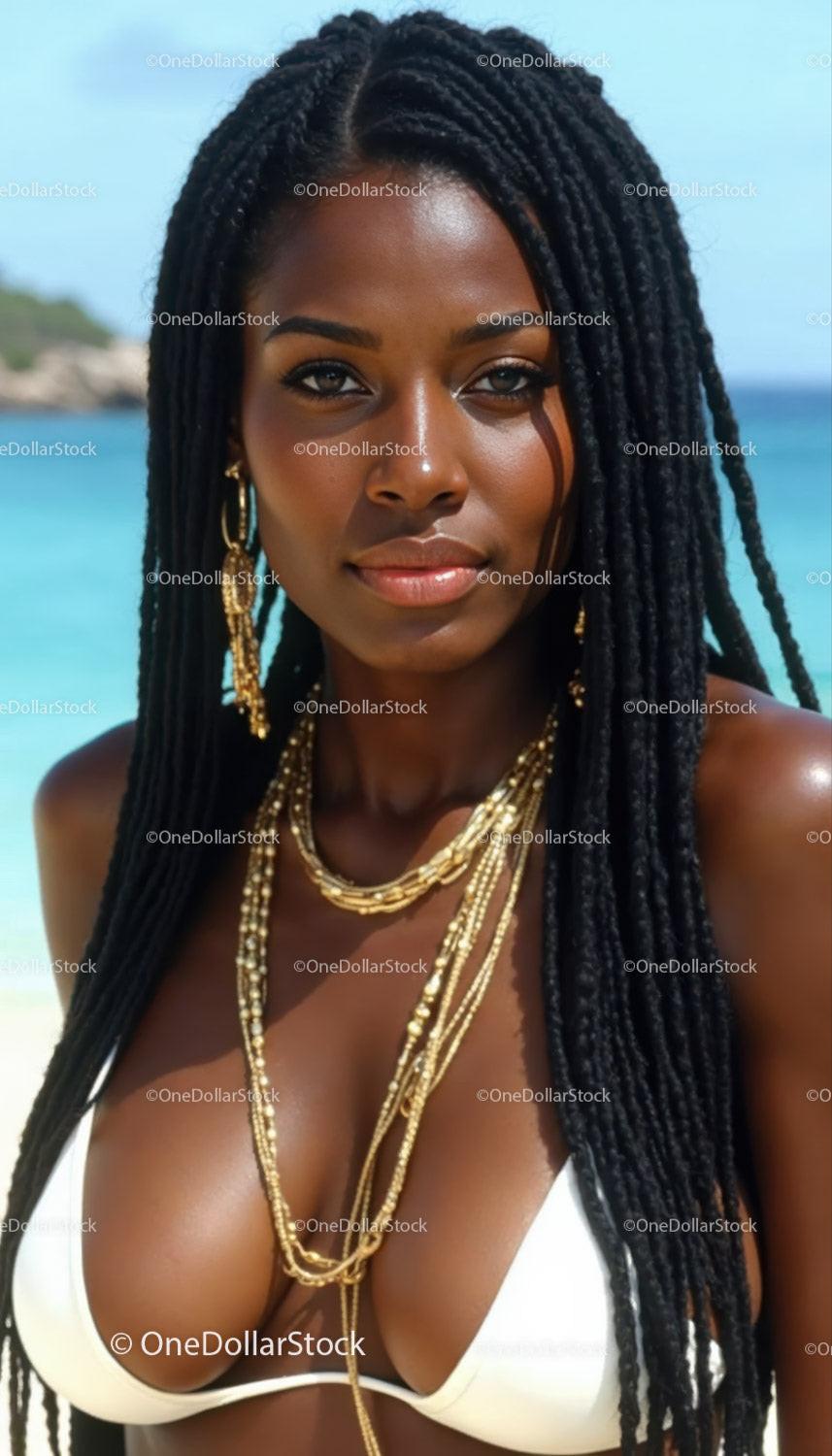 Glamorous Woman with Dreadlocks Wearing Gold Jewelry at Tropical Beach