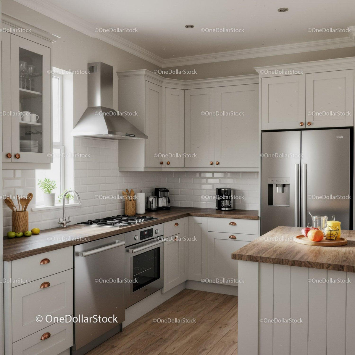 Bright Modern Kitchen with White Cabinets and Wooden Countertop