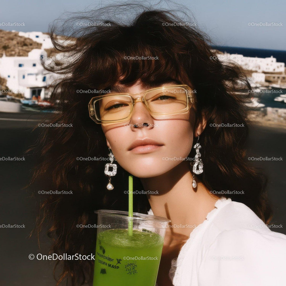 Stylish Woman with Curly Hair Wearing Sunglasses and Jewelry