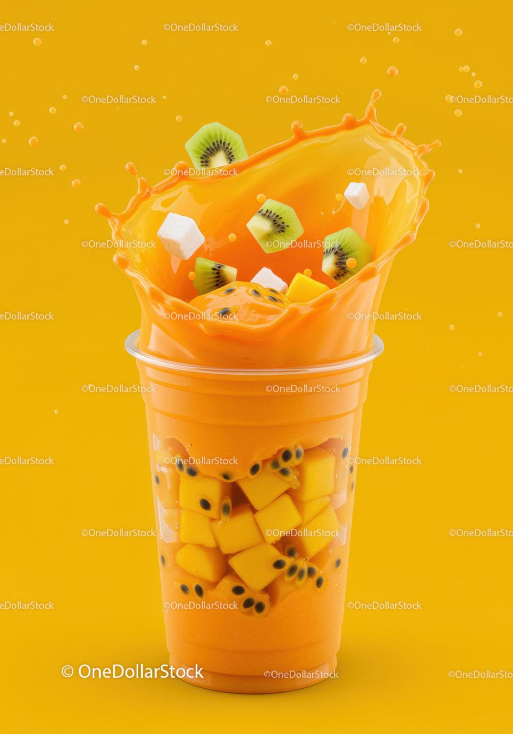 Fresh tropical smoothie with fruit splash and cubes