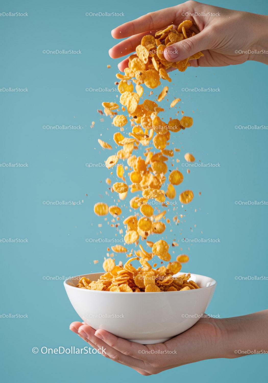 Hand pouring crunchy corn flakes into white bowl