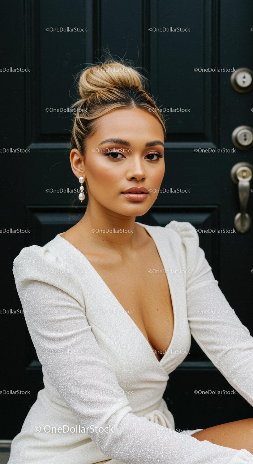 Confident woman in elegant white dress sitting by door