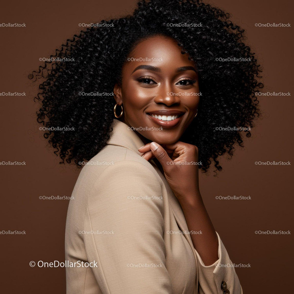 Elegant African American Woman with Curly Hair in Stylish Beige Blazer