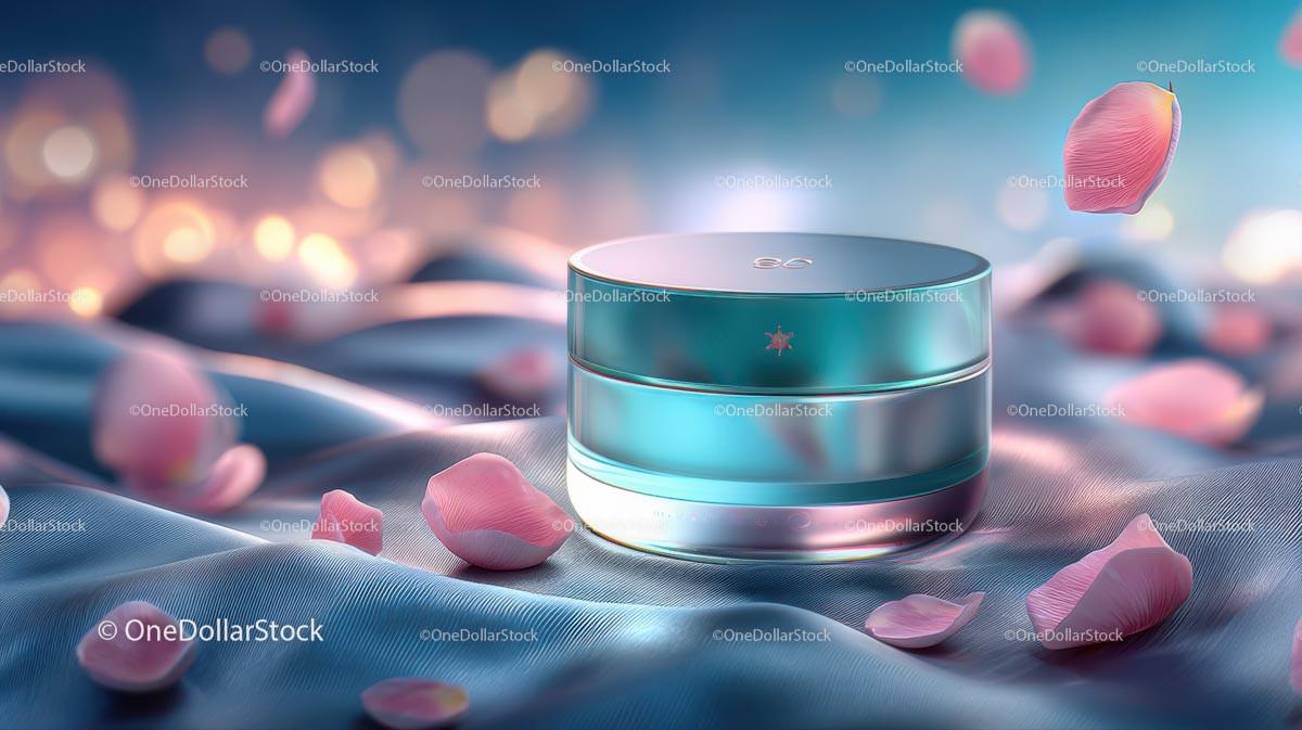 Elegant Glass Jar of Skincare with Pink Petals on Soft Fabric JPG Mockup Image digital download preview