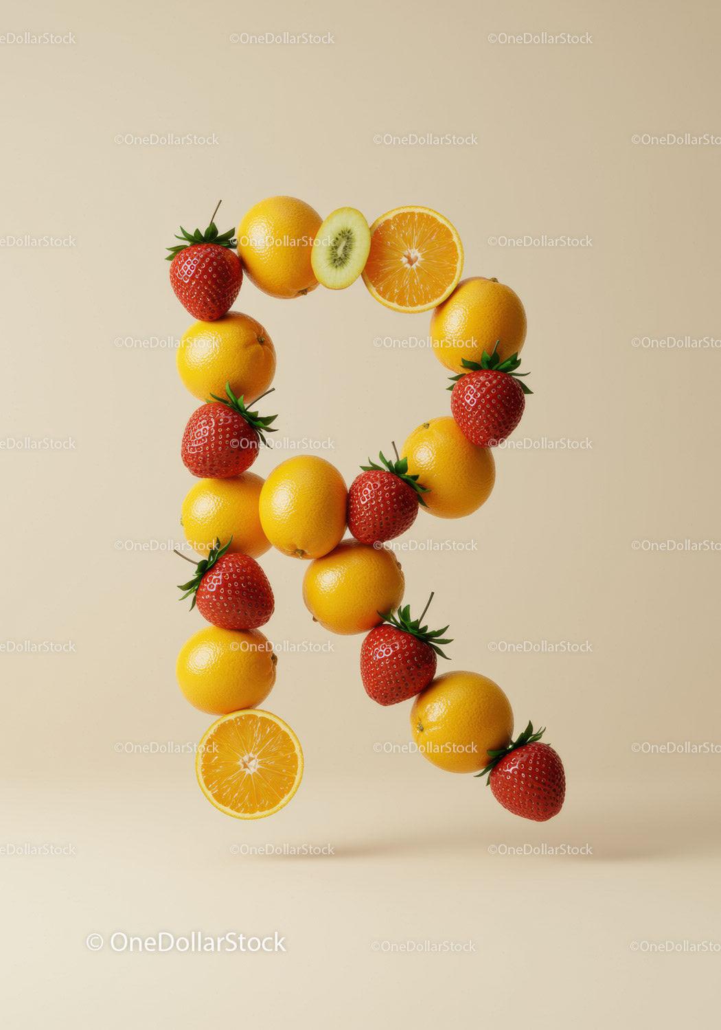 Letter R made of fresh citrus and strawberries