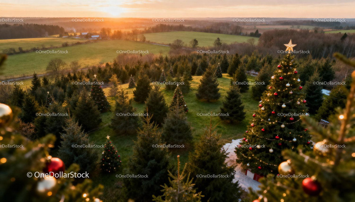 Christmas tree farm with decorated trees at sunset