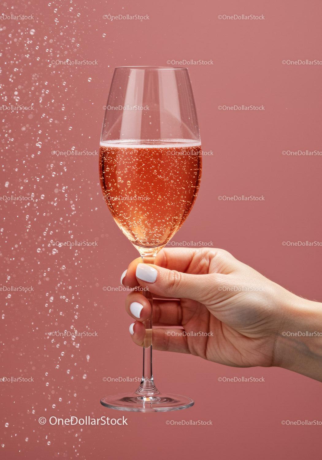 Hand Holding Sparkling Rosé Wine Glass Against Pink Wall