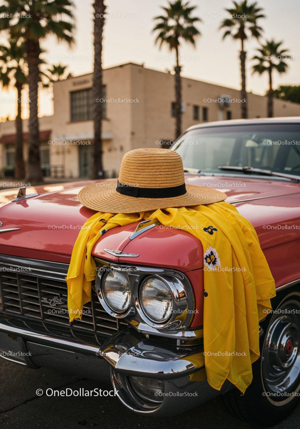 Vintage Pink Car with Straw Hat and Yellow Dress Fabric in Sunset Stock Photo Bundle preview 32
