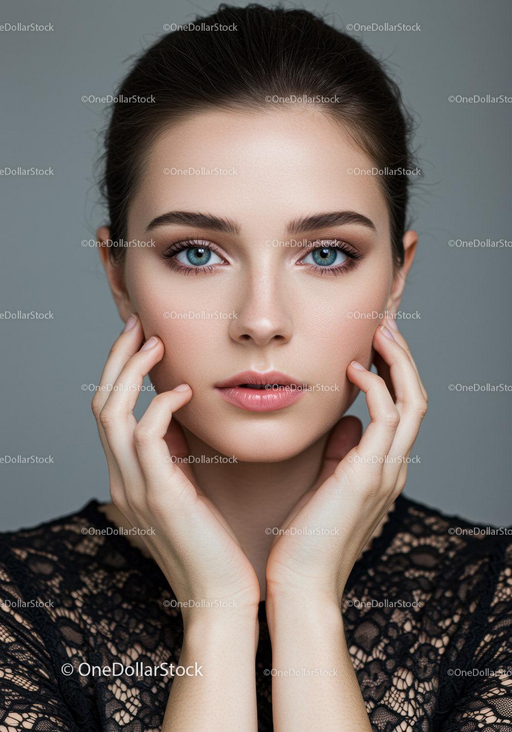 Elegant Portrait of a Young Woman with Blue Eyes and Flawless Skin