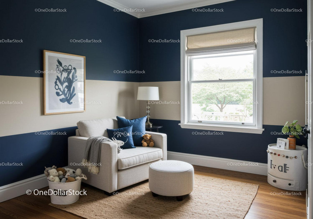 Modern Living Room with Navy Blue and Beige Walls and Cozy Decor