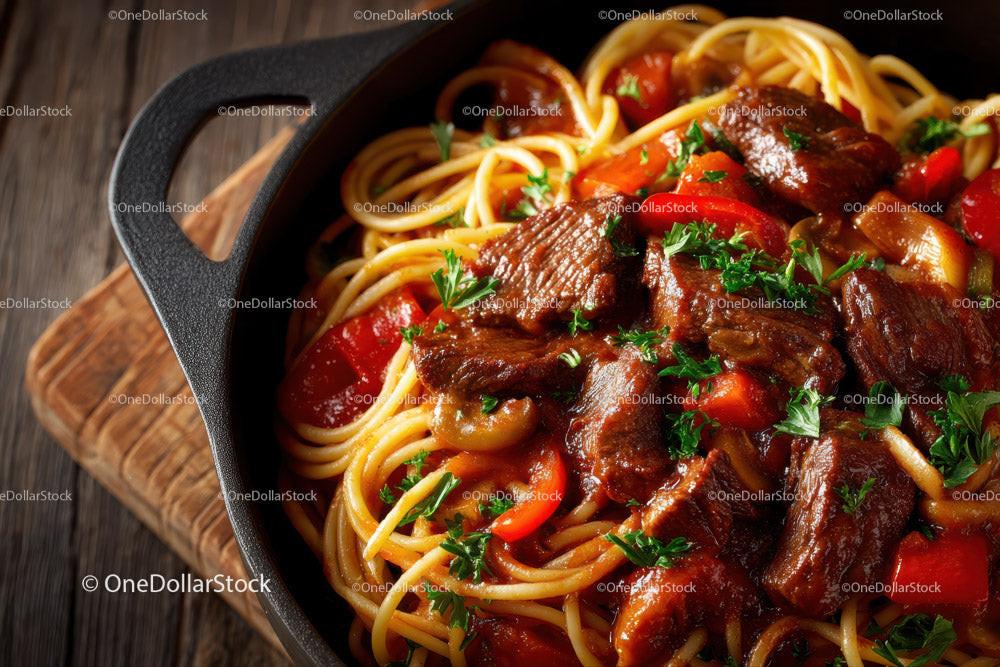 Beef and Mushroom Pasta in a Cast Iron Skillet with Cherry Tomatoes Stock Photo Bundle creative preview 4