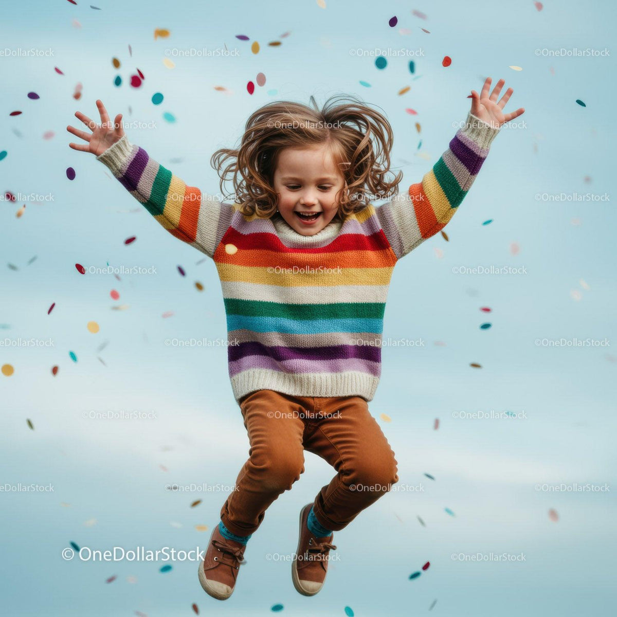 Joyful child jumping with colorful confetti in air