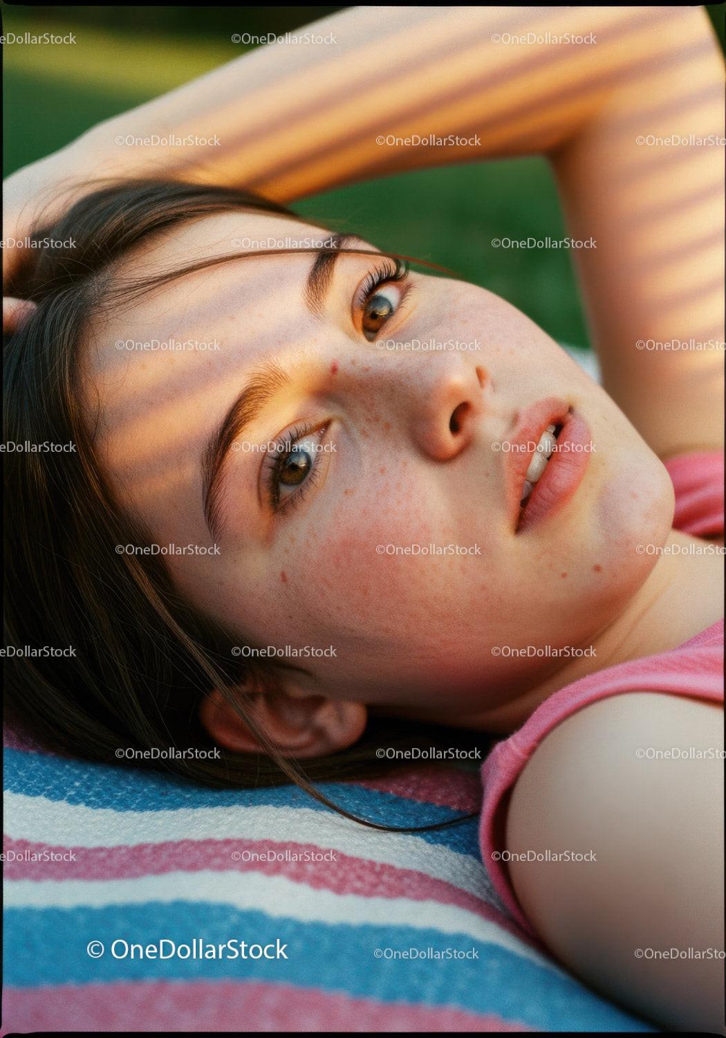 Young woman lying relaxed on striped blanket outdoors