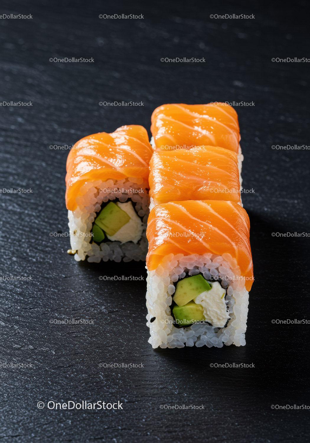 Fresh salmon sushi rolls with avocado and cream cheese