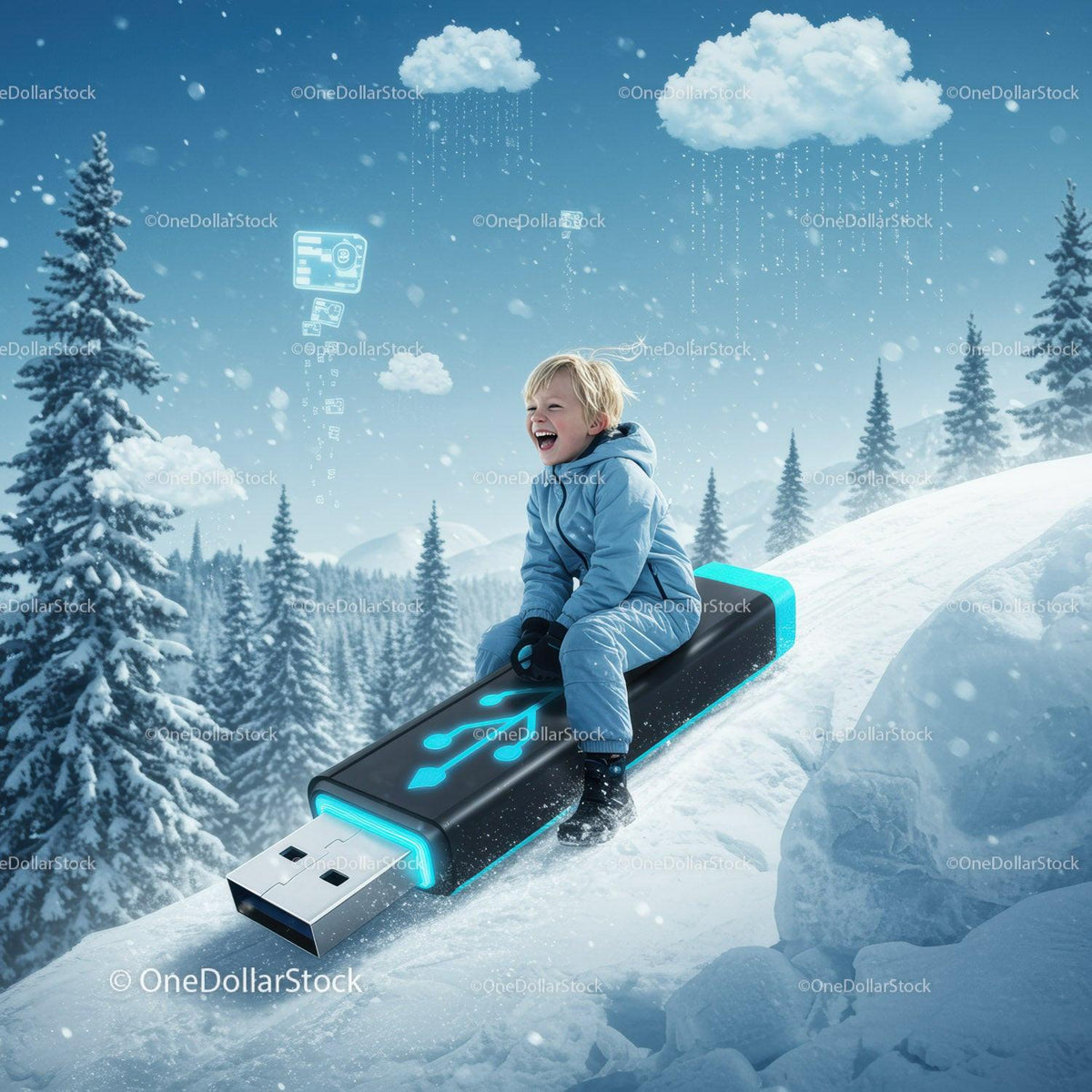 Joyful Boy Sliding Down Giant USB Drive in Snowy Winter