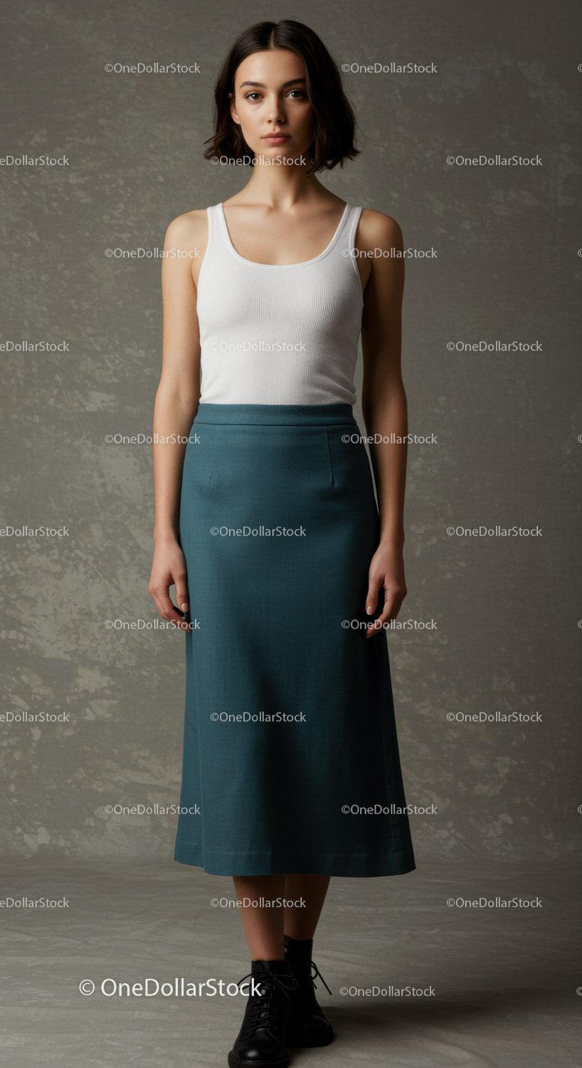 Elegant Young Woman in White Tank Top and Teal Skirt Standing