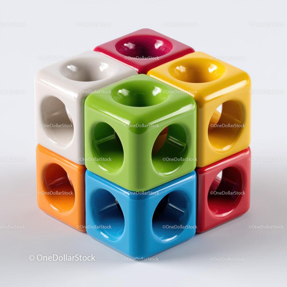 Interlocked colorful hollow plastic cubes with circular openings on white background