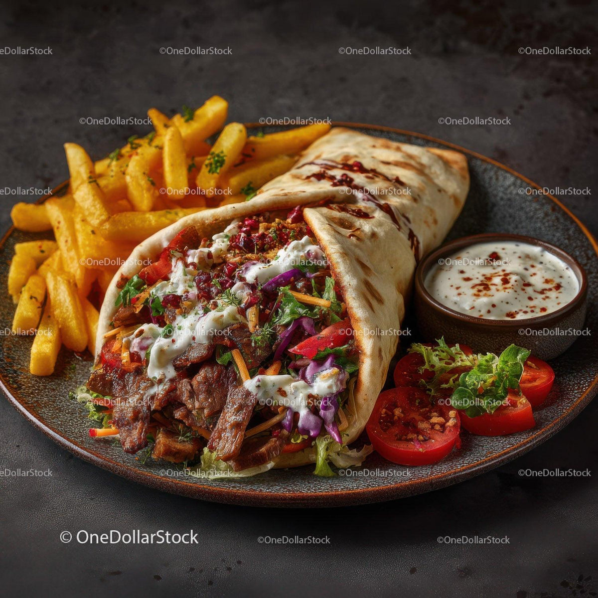 Beef Burrito with French Fries and Fresh Tomato Slices