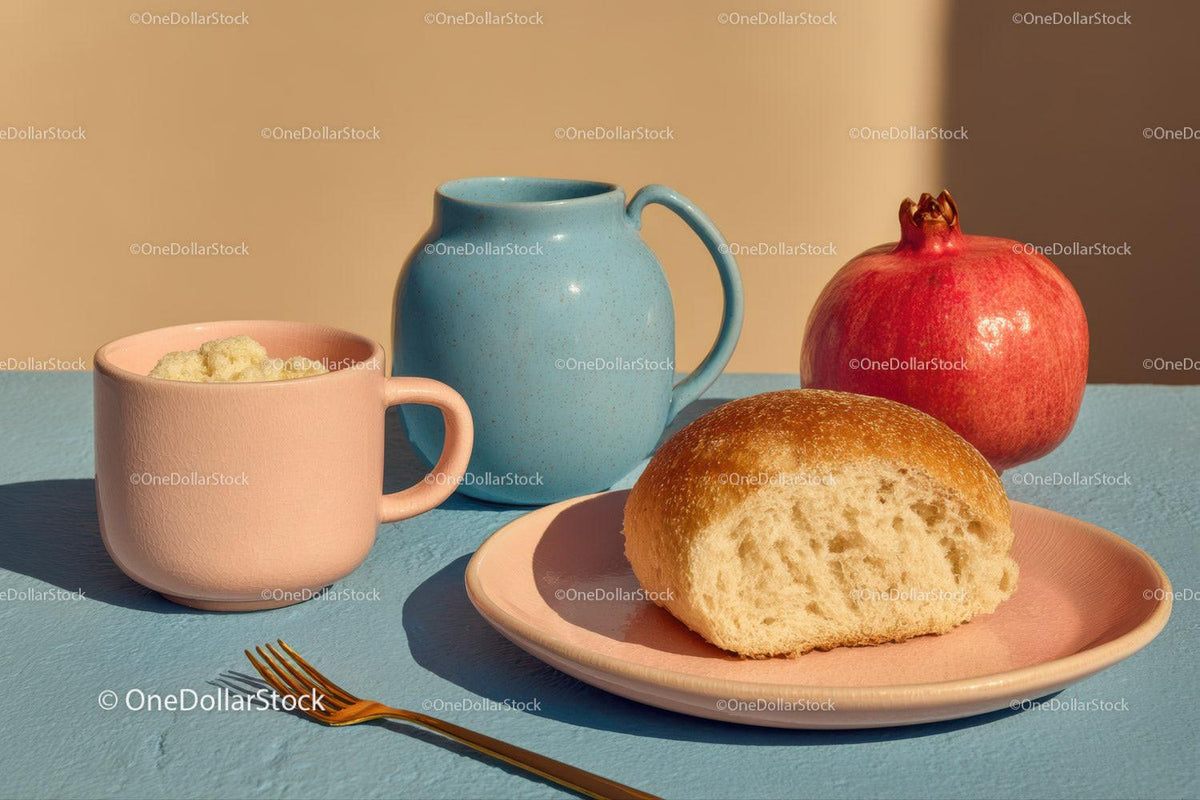 Colorful Breakfast Scene with Mug Bread and Pomegranate