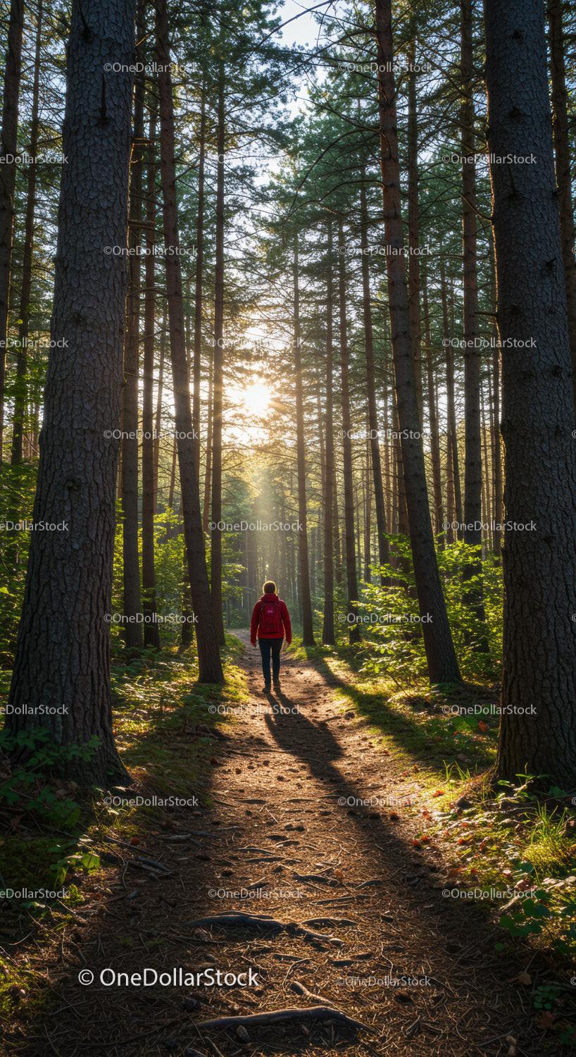 Sunlit Forest Trail with Tall Trees and Hiker During Daylight