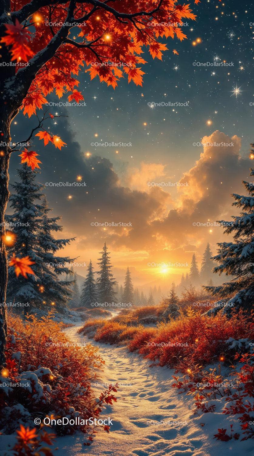 Snowy path through autumn forest at golden sunset