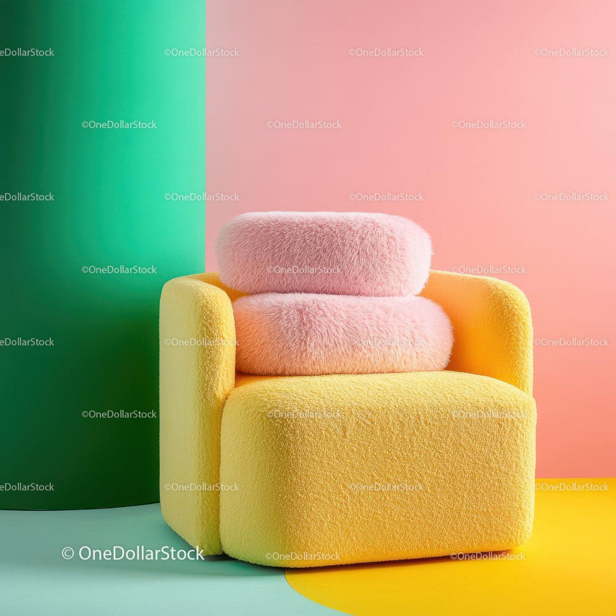 Bright Pink Armchair with Lime Green Cushion and Yellow Ottoman in Modern Living Room Stock Photo Bundle preview 8