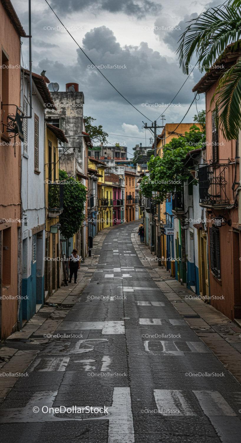Colorful Neighborhood with Winding Street and Vibrant Houses