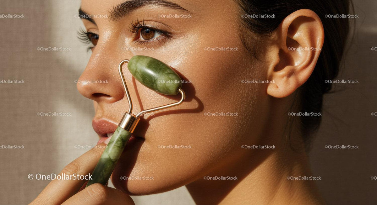 Close-up of woman with Asian features using jade roller for facial massage