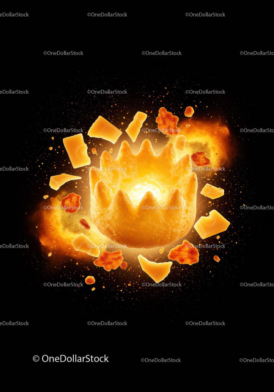 Exploding golden crown cracker with vibrant crumbs