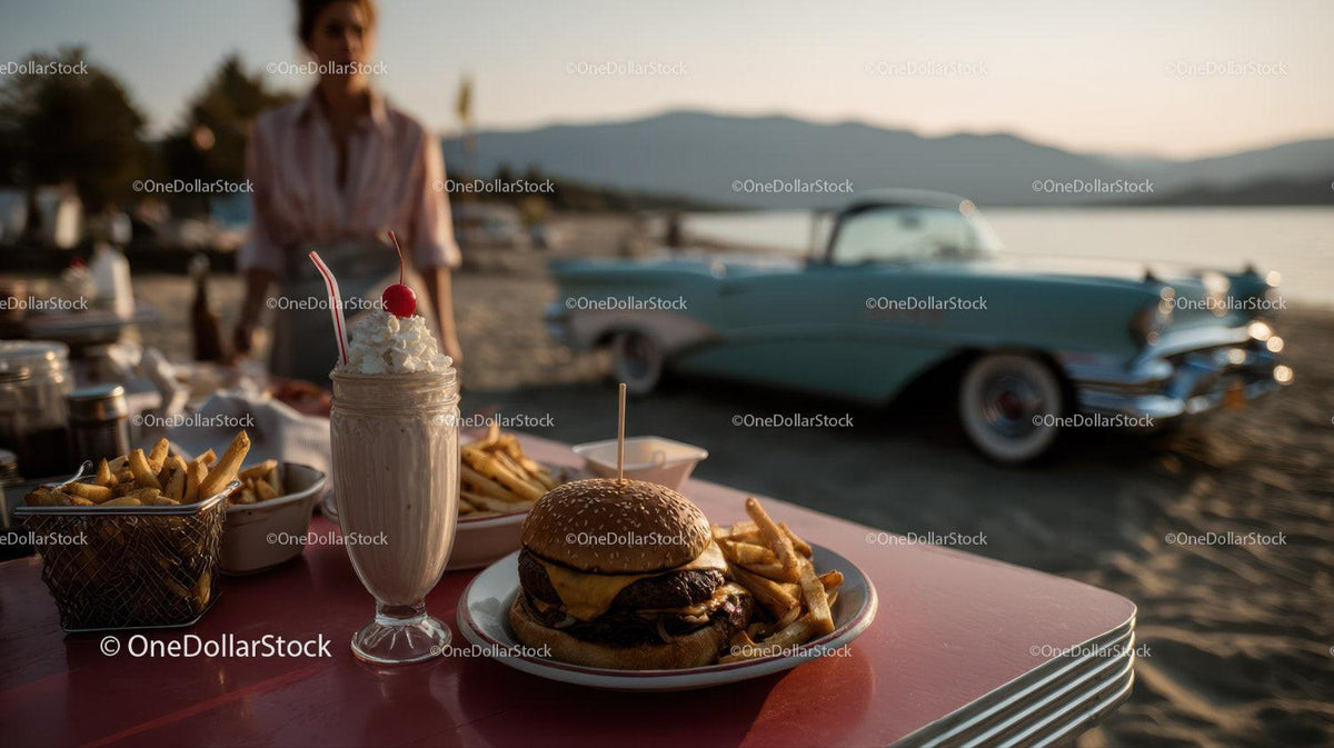 Beachside Cheeseburger French Fries and Milkshake with Classic Car Stock Photo Bundle preview 22