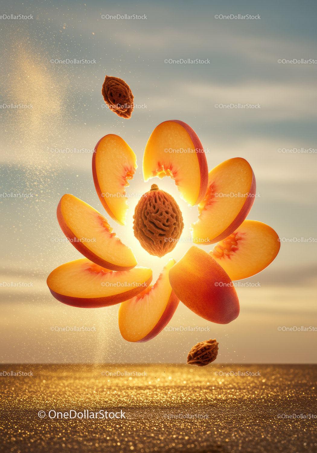 Floating Sliced Peach with Stone Against Warm Sky