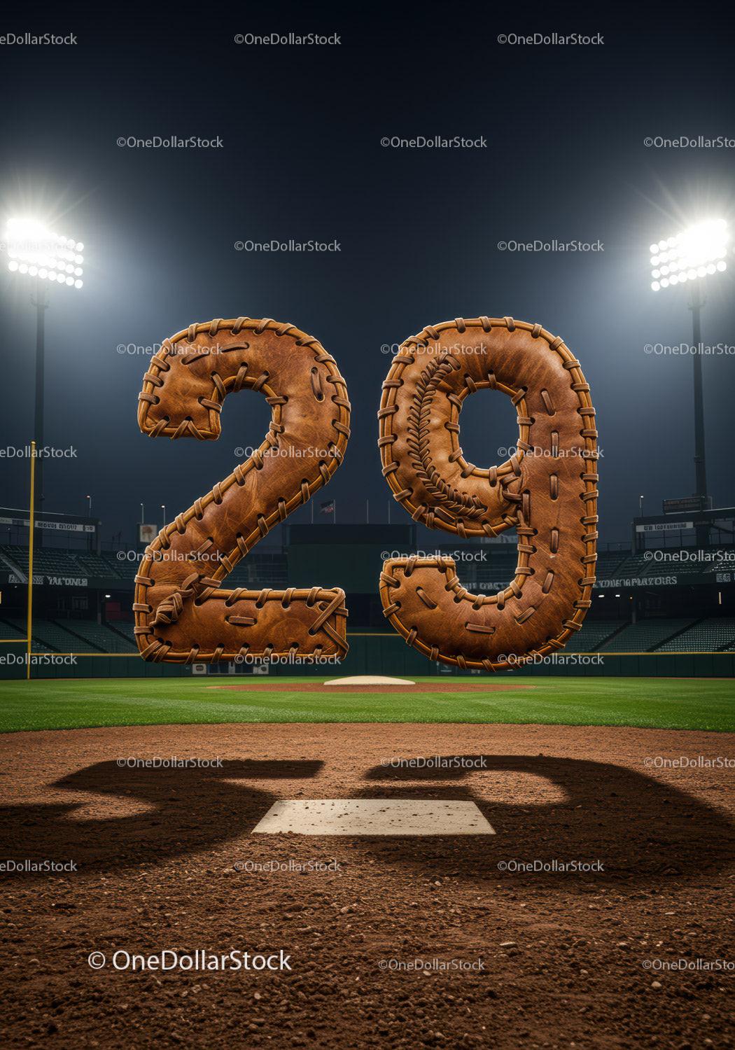 Stitched baseball leather numbers 29 on stadium field
